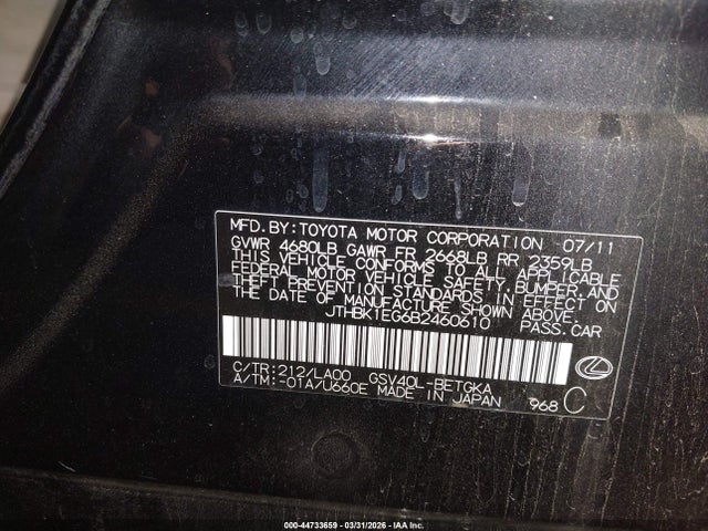 Aukcja sprzedaży 2011 Lexus Es 350, vin: JTHBK1EG6B2460610, numer aukcji: 44733659
