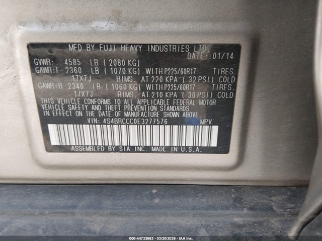 Aukcja sprzedaży 2014 Subaru Outback 2.5i Premium, vin: 4S4BRCCC0E3277576, numer aukcji: 44733663