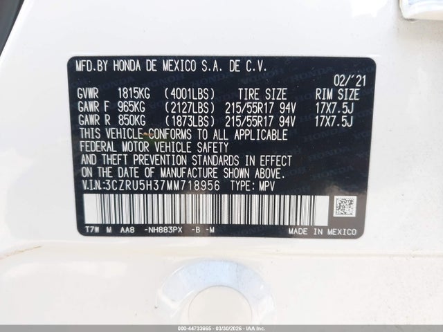 Auction sale of the 2021 Honda Hr-v 2wd Lx, vin: 3CZRU5H37MM718956, lot number: 44733665