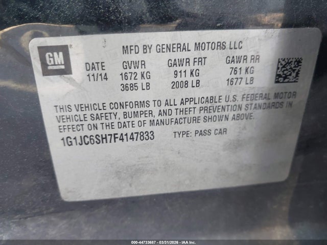 Aukcja sprzedaży 2015 Chevrolet Sonic Lt Auto, vin: 1G1JC6SH7F4147833, numer aukcji: 44733687