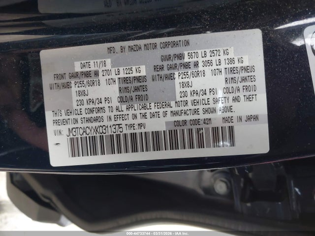 44733744 :رقم المزاد ، JM3TCACYXK0311375 vin ، 2019 Mazda Cx-9 Touring مزاد بيع