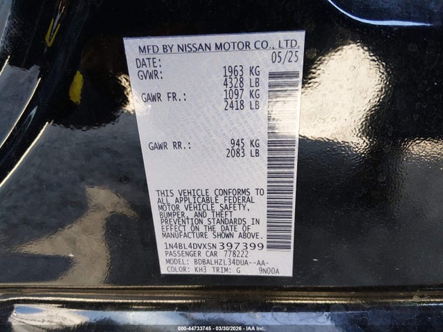 Nissan Altima Sv Fwd 2025 1N4BL4DVXSN397399 Image 9