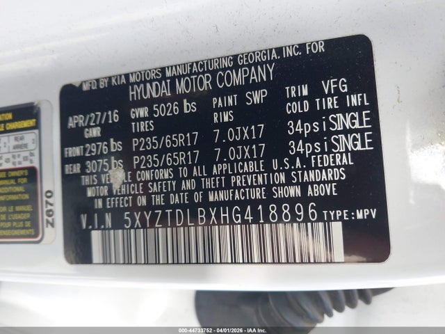 5XYZTDLBXHG418896 Hyundai Santa Fe Sport 2.4l