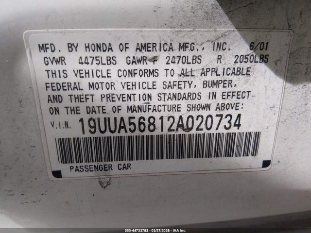 Auction sale of the 2002 Acura Tl 3.2 Type S, vin: 19UUA56812A020734, lot number: 44733753