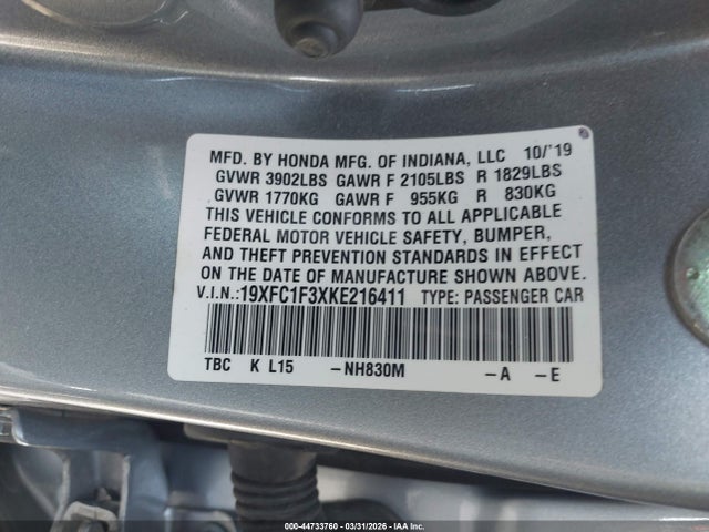 Honda CIVIC EX 2019 19XFC1F3XKE216411 Image 9