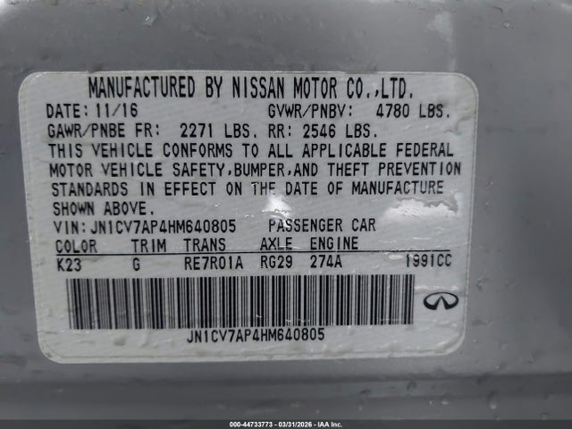 44733773 :رقم المزاد ، JN1CV7AP4HM640805 vin ، 2017 Infiniti Q50 2.0t Base مزاد بيع