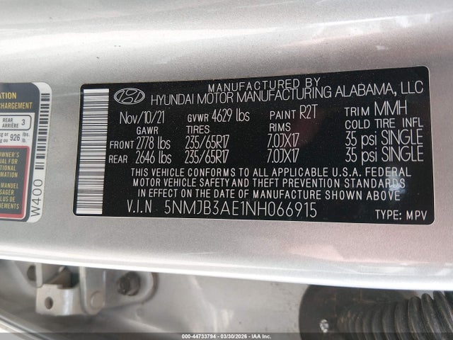 Aukcja sprzedaży 2022 Hyundai Tucson Sel, vin: 5NMJB3AE1NH066915, numer aukcji: 44733794