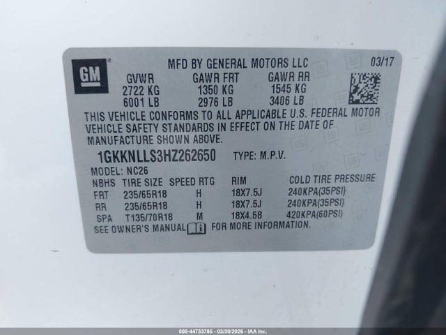 Aukcja sprzedaży 2017 Gmc Acadia Sle-2, vin: 1GKKNLLS3HZ262650, numer aukcji: 44733795