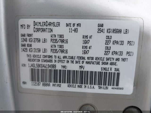 Aukcja sprzedaży 2004 Jeep Liberty Limited Edition, vin: 1J4GL58K64W194989, numer aukcji: 44733796