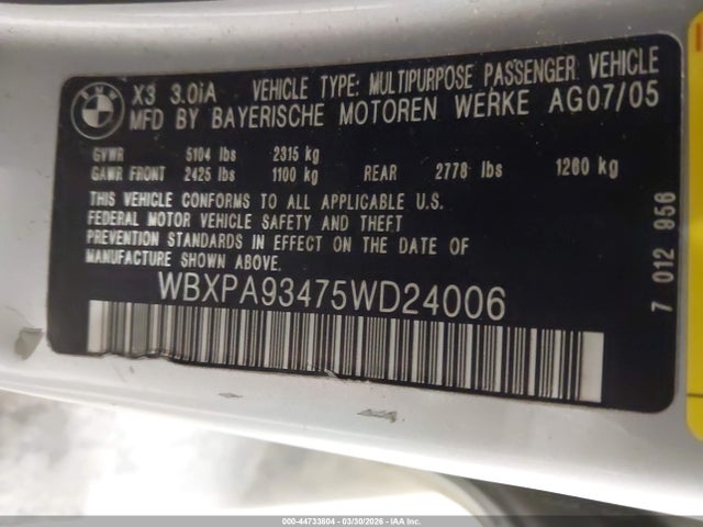 44733804 :رقم المزاد ، WBXPA93475WD24006 vin ، 2005 Bmw X3 3.0i مزاد بيع