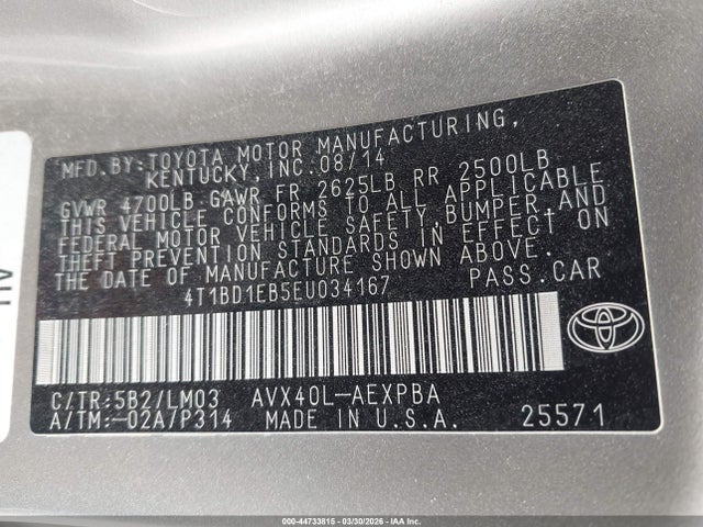 4T1BD1EB5EU034167 Toyota Avalon Hybrid Limited