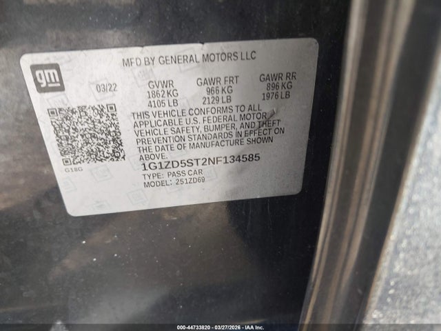 44733820 :رقم المزاد ، 1G1ZD5ST2NF134585 vin ، 2022 Chevrolet Malibu Fwd Lt مزاد بيع