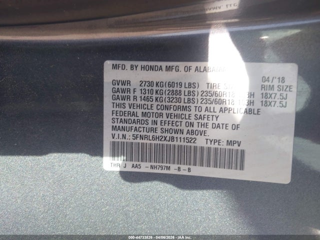 44733826 :رقم المزاد ، 5FNRL6H2XJB111522 vin ، 2018 Honda Odyssey Lx مزاد بيع