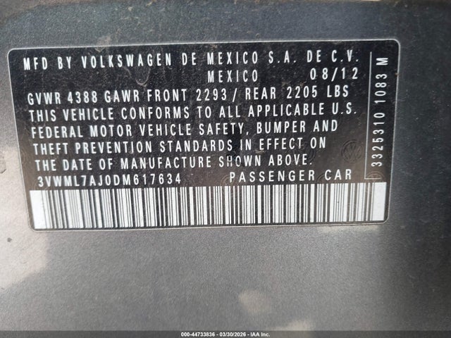 44733836 :رقم المزاد ، 3VWML7AJ0DM617634 vin ، 2013 Volkswagen Jetta Sportwagen 2.0l Tdi مزاد بيع