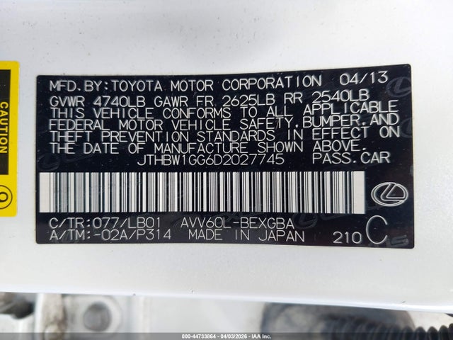 Продажа на аукционе авто 2013 Lexus Es 300h, vin: JTHBW1GG6D2027745, номер лота: 44733864