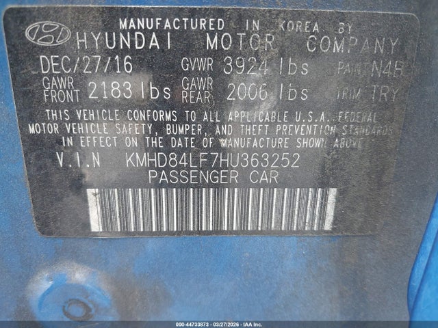 KMHD84LF7HU363252 Hyundai Elantra Value Edition
