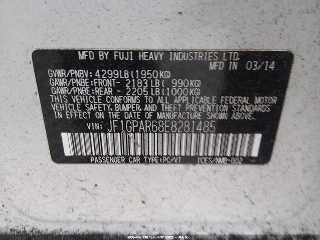 Продаж на аукціоні авто 2014 Subaru Impreza 2.0i Sport Limited, vin: JF1GPAR68E8281485, номер лоту: 44733875