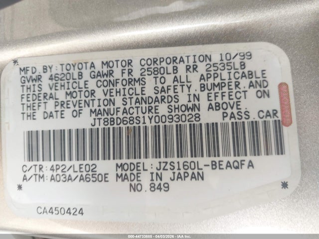 Aukcja sprzedaży 2000 Lexus Gs 300, vin: JT8BD68S1Y0093028, numer aukcji: 44733885