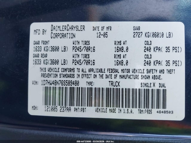 Продаж на аукціоні авто 2006 Dodge Dakota Slt, vin: 1D7HW48N76S589480, номер лоту: 44733895