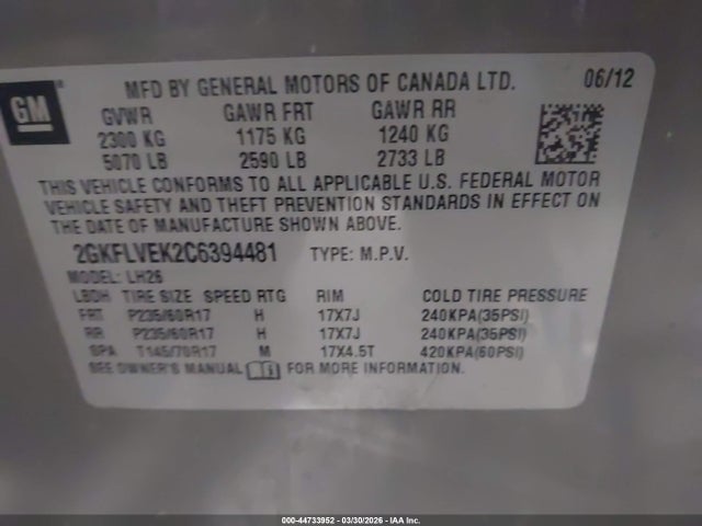 44733952 :رقم المزاد ، 2GKFLVEK2C6394481 vin ، 2012 Gmc Terrain Slt-1 مزاد بيع