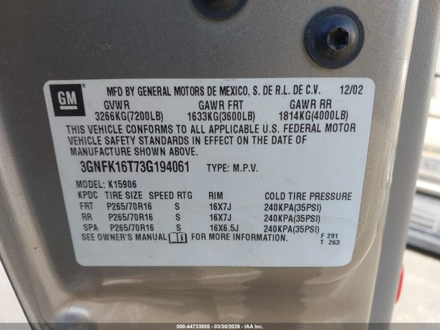 2003 CHEVROLET SUBURBAN 1500 3GNFK16T73G194061 Photo 8