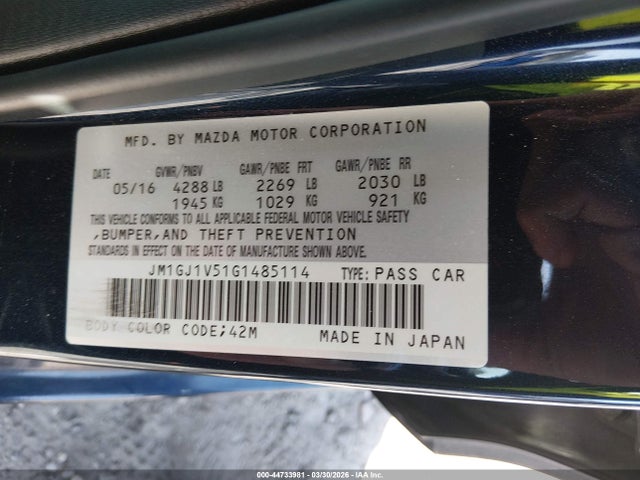 44733981 :رقم المزاد ، JM1GJ1V51G1485114 vin ، 2016 Mazda Mazda6 I Touring مزاد بيع