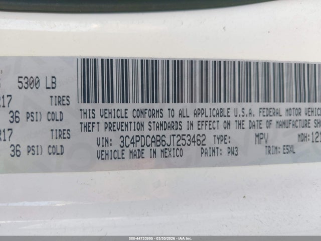 44733995 :رقم المزاد ، 3C4PDCAB6JT253462 vin ، 2018 Dodge Journey Se مزاد بيع