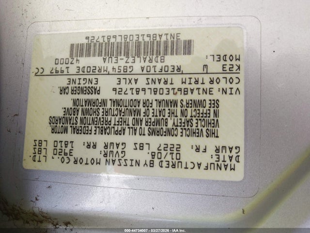 2008 NISSAN SENTRA 3N1AB61E08L681726 Photo 8