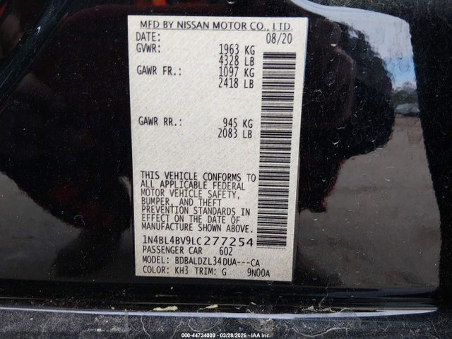 Продажа на аукционе авто 2020 Nissan Altima S Fwd, vin: 1N4BL4BV9LC277254, номер лота: 44734009