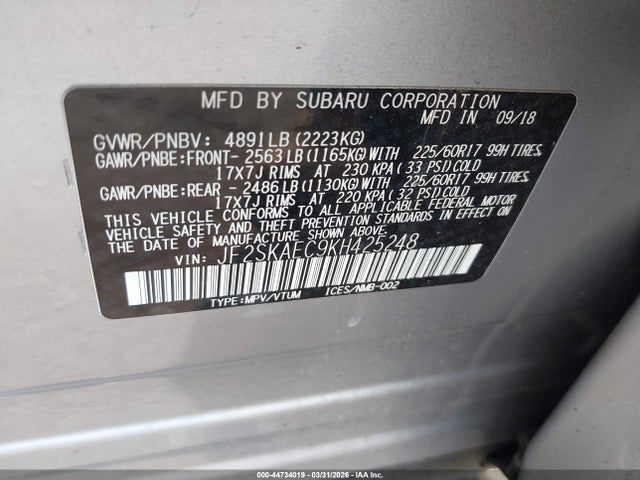 44734019 :رقم المزاد ، JF2SKAEC9KH425248 vin ، 2019 Subaru Forester Premium مزاد بيع