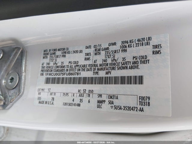 Продажа на аукционе авто 2015 Ford Escape Se, vin: 1FMCU0G75FUB60781, номер лота: 44734050