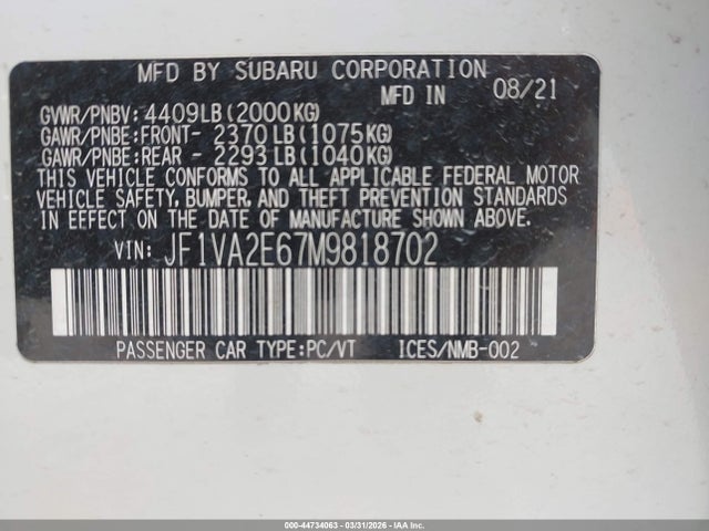 Продажа на аукционе авто 2021 Subaru Wrx Sti, vin: JF1VA2E67M9818702, номер лота: 44734063