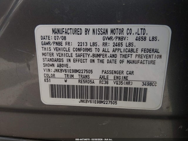44734070 :رقم المزاد ، JNKBV61E98M227505 vin ، 2008 Infiniti G35 Journey مزاد بيع