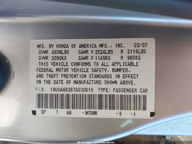 44734093 :رقم المزاد ، 19UUA66267A030619 vin ، 2007 Acura Tl 3.2 مزاد بيع