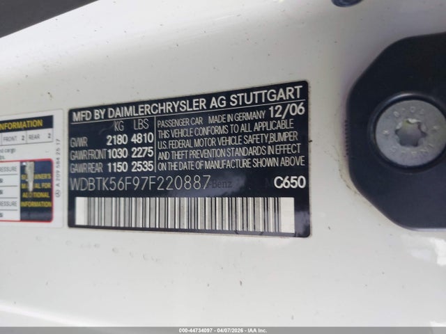 2007 Mercedes-benz Clk 350 მანქანა იყიდება აუქციონზე, vin: WDBTK56F97F220887, აუქციონის ნომერი: 44734097