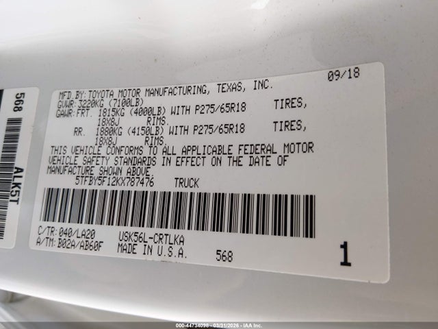 5TFBY5F12KX787476 Toyota Tundra Limited 5.7l V8
