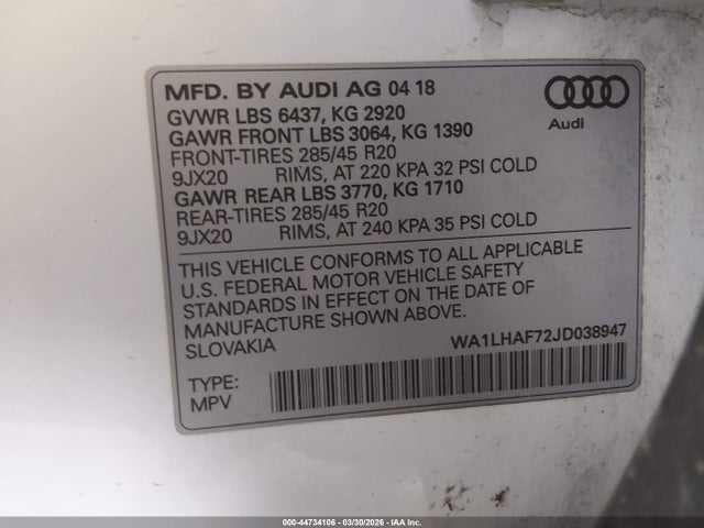 Продаж на аукціоні авто 2018 Audi Q7 2.0t Premium, vin: WA1LHAF72JD038947, номер лоту: 44734106