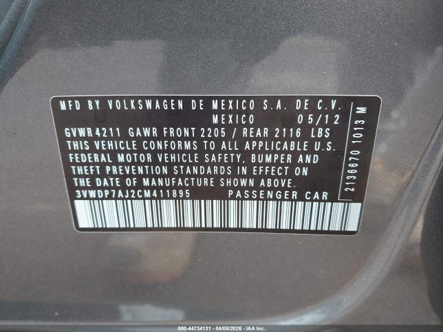 Aukcja sprzedaży 2012 Volkswagen Jetta 2.5l Se, vin: 3VWDP7AJ2CM411895, numer aukcji: 44734131