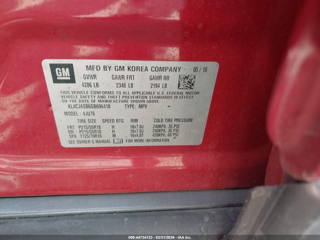 2016 Buick Encore მანქანა იყიდება აუქციონზე, vin: KL4CJASB6GB696418, აუქციონის ნომერი: 44734132