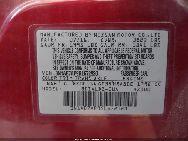 44734142 :رقم المزاد ، 3N1AB7AP9GL672920 vin ، 2016 Nissan Sentra Sv مزاد بيع