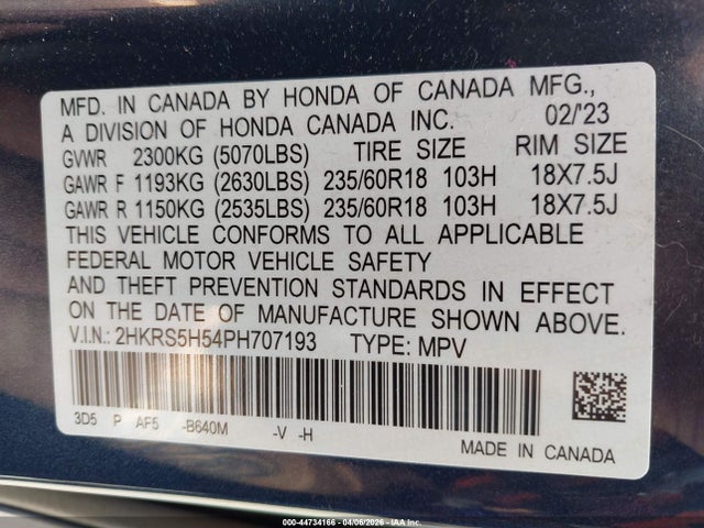44734166 :رقم المزاد ، 2HKRS5H54PH707193 vin ، 2023 Honda Cr-v Hybrid Sport مزاد بيع