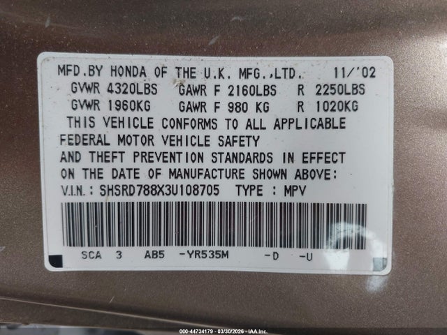 Продаж на аукціоні авто 2003 Honda Cr-v Ex, vin: SHSRD788X3U108705, номер лоту: 44734179