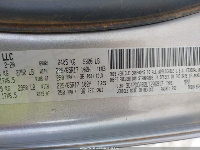 44734188 :رقم المزاد ، 3C4PDCAB2LT206917 vin ، 2020 Dodge Journey Se Value مزاد بيع