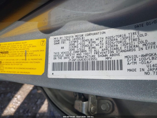 44734189 :رقم المزاد ، JTJGF10U630163551 vin ، 2003 Lexus Rx 300 مزاد بيع