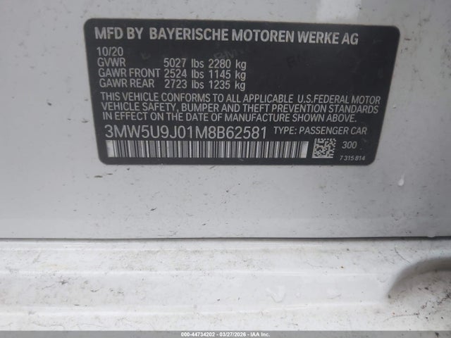 44734202 :رقم المزاد ، 3MW5U9J01M8B62581 vin ، 2021 Bmw M340i M340i Xdrive مزاد بيع