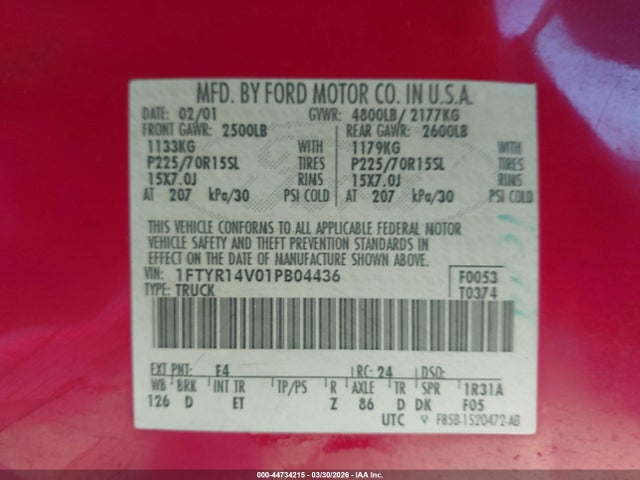 Продажа на аукционе авто 2001 Ford Ranger Edge/xl/xlt, vin: 1FTYR14V01PB04436, номер лота: 44734215