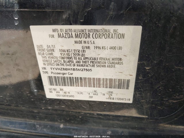 Продаж на аукціоні авто 2011 Mazda Mazda6 I Sport, vin: 1YVHZ8BH1B5M27505, номер лоту: 44734224