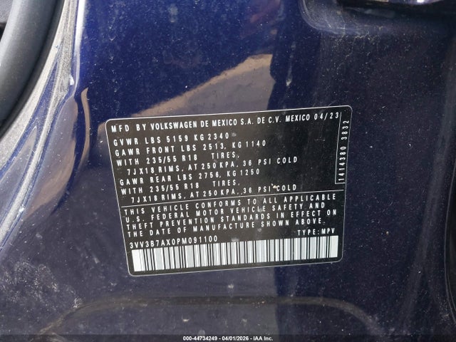 44734249 :رقم المزاد ، 3VV3B7AX0PM091100 vin ، 2023 Volkswagen Tiguan 2.0t Se مزاد بيع