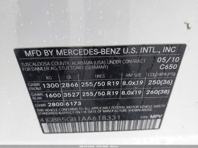 Aukcja sprzedaży 2010 Mercedes-benz Ml 350, vin: 4JGBB5GB1AA618331, numer aukcji: 44734258