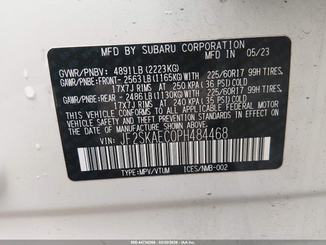 44734266 :رقم المزاد ، JF2SKAEC0PH484468 vin ، 2023 Subaru Forester Premium مزاد بيع